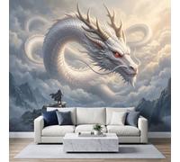 Papier peint photo intissé 400x280cm, Animaux Fantastiques Papier peint Panoramique de haute qualité, pour salon et chambre, Dragon Blanc Cool Chambre Ados revêtement mural
