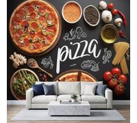 Papier peint photo intissé 450x315cm, Photographie Culinaire Tableau Noir Papier peint Panoramique de haute qualité, pour salon et chambre, Thème Pizza Restaurant Américain revêtement mural
