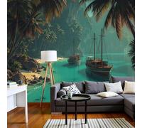 Papier peint photo intissé, motif plage tropicale, bateau en bois, effet 3D, nature et forêt, pour salon et chambre. Papier peint intissé bleu sarcelle, 300 cm x 210 cm, stickers muraux - Peinture san