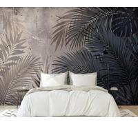 Papier peint photo mural - Motif feuilles de palmier tropicales, aspect béton, gris et bleu, style jungle, intissé, moderne, pour salon ou chambre, 200 cm x 140 cm, poster/autocollant mural sans cadre
