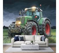 Papier Peint Photo Non Tissé Panoramique 300 x 210 cm, Modern Industrial Rustic Papier Peint Mural Tracteur Vert Pneus Champ Intissé Pour Salon Chambre Enfants à Coucher Décoration Fresque Murale