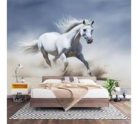 Papier Peint Photo Panoramique 3D Motif Animal Cheval Blanc Poster Papier Peint Intissé Blanc, Tapisserie Panoramique Salon, Décoration Mural Bureau Enfants Chambre 400x280 cm
