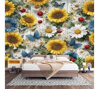 Papier Peint Photo Panoramique 3D Tournesol Papillon Grain de Bois Poster Papier Peint Intissé Jaune, Tapisserie Panoramique Salon, Décoration Mural Bureau Enfants Chambre 350x256 cm