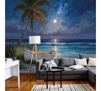 Papier peint photo romantique nocturne - XXL, effet 3D, petit bateau, cocotiers, paysage, bleu, pour salon ou chambre. Papier peint mural intissé, 300 cm x 210 cm, stickers - sans cadre - affiche