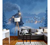 Papier peint photo Train à vapeur Nuit enneigée - Motif dessin animé Champ de neige moderne Blanc intissé pour salon, chambre, chambre d'enfant, 150 cm x 105 cm - Stickers - Tableau sans cadre - Poste