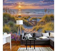 Papier peint photo XXL Paysage marin nature, dunes de sable denses et végétation, effet 3D, vert, pour salon/chambre, papier peint intissé, 350 cm x 256 cm, stickers - tableau sans cadre - affiche