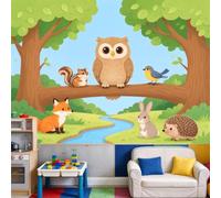 Papier peint plat dessin animé forêt hibou renard lapin hérisson tamia | Grand papier peint autocollant amovible pour salon, chambre à coucher, bureau