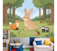 Papier peint plat dessin animé forêt lapin renard écureuil blaireau | Grand papier peint autocollant amovible pour salon, chambre à coucher, bureau