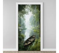 Papier Peint Porte Forêt Rivière Sticker Mural Poster de Porte 3D Lac Bateau Rustique 85x215 cm Autocollants Porte Trompe L'oeil Effect Auto-adhésif Vinyle Stickers Muraux Maison Déco Art