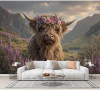 Papier Peint Prairies Bovins Des Highlands Paysage Animaux | Papier Peint Panoramique Fleurs Prairies Vaches Des Highlands,Fresque Murale Soie Décoration Murale Pour Salon,Chambre,Bureau - 300×210 CM