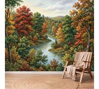 Papier Peint Rivière Forêt Plante, 350 x 256 cm Facile à nettoyer Mural | Orange Vert Papier Peint Intissé Panoramique pour Chambre Salon Bureau Decoration Murale, Paysage Nature Non collé Mural