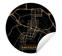 Papier peint - Rond - Carte - Amstelveen - Noir - Or - Diamètre 80 cm - Auto-adhésif