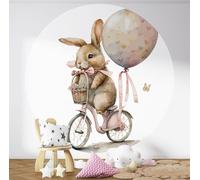 Papier peint rond / cercle Enfants - Lumaléa - Lapin en Vélo - Papier Premium 185gr Lavable - Diamètre 130 cm
