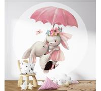 Papier peint rond / cercle Enfants - Lumaléa - Lapins Parapluie - Papier Standard 170gr Lessivable - Diamètre 130 cm