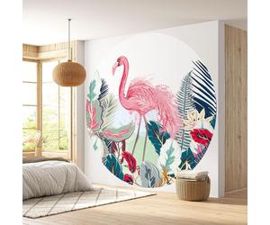 Papier peint rond / cercle - Lumaléa - Flamant rose - Papier Premium 185gr Lavable - Diamètre 130 cm