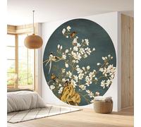 Papier peint rond / cercle - Lumaléa - Fleurs Oiseaux - Papier Premium 185gr Lavable - Diamètre 130 cm
