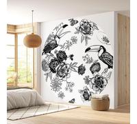 Papier peint rond / cercle - Lumaléa - Fleurs Toucans - Papier Premium 185gr Lavable - Diamètre 130 cm