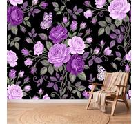 Papier Peint Rose Papillon Vigne, 200 x 140 cm Facile à nettoyer Mural | Noir Violet Papier Peint Intissé Panoramique Poster Chambre Salon Bureau Decoration Murale, Sombre Vintage Non collé Mural