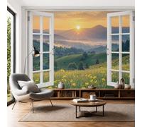Papier Peint Soie 3D Par Fenêtre, 300x210cm Papier Peint Panoramique Lever Soleil Sur Champs Fleurs Sauvages Montagnes Tableaux Muraux Décoration Murale pour Salon, Chambre, Décor Fond TV, Jaune-Vert