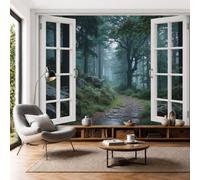Papier Peint Soie Forêt De La Montagne Brumeuse, 450x315cm Papier Peint Panoramique Sentier De La Forêt De Sapins Tableaux Muraux Décoration Murale pour Salon, Chambre, Décor Fond TV, Gris-Vert