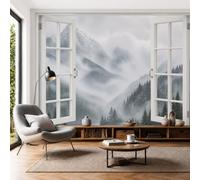Papier Peint Soie Montagnes Brumeuses, 400x280cm Papier Peint Panoramique Fausse Fenêtre De La Vallée De Snow Mountain Fresque Murale, Décoration Murale pour Bureau Salon Canapé Chambre, Gris Clair