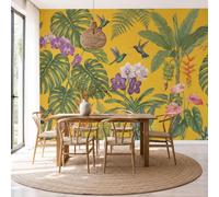 Papier Peint Soie Orchidée Monstera Colibri 200x140cm Papier Peint Panoramique Jungle Tropicale Rétro Grandes Poster Mural Décoration Murale pour Salon, Chambre, Chambre d'enfant, Jaune Chaud