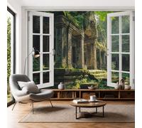 Papier Peint Soie Royaume Secret Rétro, 200x140cm Papier Peint Panoramique Sites Historiques D'Asie Du Sud-Est Tableaux Muraux Décoration Murale pour Salon, Chambre, Décor Fond TV, Vert Mousse