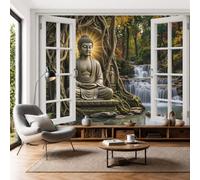 Papier Peint Soie Ruisseaux Des Forêts Montagne Zen, 250x175cm Papier Peint Panoramique Statue Bouddha Ancienne Sous Banian Tableaux Muraux Décoration Murale pour Salon, Chambre, Décor Fond TV