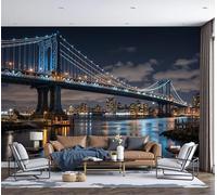 Papier Peint Soie Vue Nocturne De La Ville, 200x140cm Papier Peint Panoramique Pont De Manhattan Fresque Murale, Installation Facile Décoration Murale pour Bureau Salon Canapé Chambre, Gris Foncé