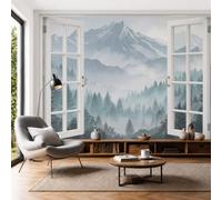 Papier Peint Soie Vue Par Fenêtre D'Une Forêt Sapins Enneigés 250x175cm Papier Peint Panoramique Montagne Enneigée À L'Encre Grandes Poster Mural Décoration Murale pour Salon, Chambre, Gris Clair-Bleu