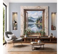 Papier Peint Soie Vue Simulée Fenêtre Rurale, 450x315cm Papier Peint Panoramique Paysage Lac Montagne Tableaux Muraux Tapisserie Photo Décoration Murale pour Salon, Chambre, Décor Fond TV, Gris Clair