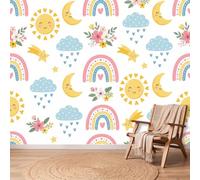 Papier Peint Soleil Lune Nuage, 300 x 210 cm Facile à nettoyer Mural | Multicolore Papier Peint Intissé Panoramique Murale Chambre Salon Bureau Decoration, Minimaliste Nordique Non collé Mural