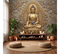 Papier Peint Statue De Bouddha Feuille De Bodhi, 300x210cm, Or | Papier Peint Panoramique Relief Rétro Style Zen, Decoration Salon Chambre, Décoration Soie Murale Poster Tableaux Muraux Imprimé