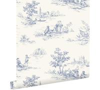 papier peint toile de jouy bleu et blanc 0.53 x 10.05 m - ESTAhome
