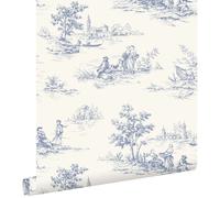Papier peint toile de jouy bleu et blanc - 50 x 900 cm - ESTAhome
