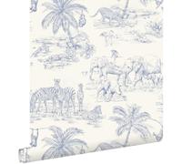 papier peint toile de jouy jungle bleu et blanc 0.53 x 10.05 m - ESTAhome