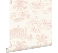 papier peint toile de jouy jungle rose clair et blanc 0.53 x 10.05 m - ESTAhome