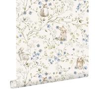 papier peint Toile de Jouy lapins beige, vert, bleu et blanc 53 cm x 10.05 m - ESTAhome