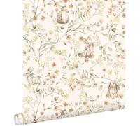 papier peint Toile de Jouy lapins vert, jaune et terracotta 0.53 x 10.05 m - ESTAhome