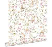 papier peint Toile de Jouy lapins vert, rose et orange 0.53 x 10.05 m - ESTAhome