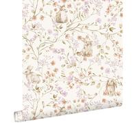 papier peint Toile de Jouy lapins violet clair, vert et beige 0.53 x 10.05 m - ESTAhome