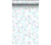 papier peint triangles violet lavende pastel, vert menthe pastel, gris argent brillant et bleu pastel - 53 cm x 10,05 m - 337205
