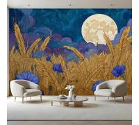 Papier Peint Trompe l'œil Autocollant,Champ De Blé Doré Grand Tableau Mural En Toile,Clair De Lune Bleu Décoration Murale Amovible pour Bureau Salon 350 x 245 cm