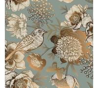 Papier peint vinyle adhésif, couleur or et turquoise, avec des motifs de fleurs et d'oiseaux vintage, dimensions : 44,5 cm x 12 m