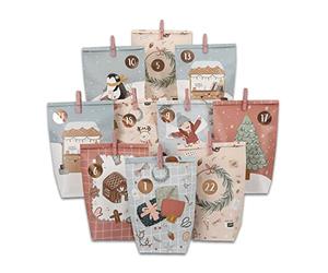 Papierdrachen Calendrier de l'Avent à remplir, 24 sacs cadeaux imprimés bleu glace et rose et 24 autocollants avec chiffres et pinces à linge - motif bleu glace - pour bricolage et cadeaux - Noël