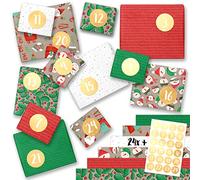 Papierdrachen DIY Calendrier de l'Avent Papier d'emballage cadeau - Papier d'emballage avec chiffres de 1 à 24 - Motif rouge vert - Emballage cadeau de l'Avent pour les grands cadeaux - 24 feuilles.