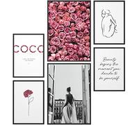 Papierschmiede® Set Mood Posters, Tableau Décoration Murale « Coco Rose Love » cadres en bois laqué noir, Bureau, Salon, Deco Chambre Parentale, Cuisine, 2x A3 et 4x A4, fleurs rose pétales