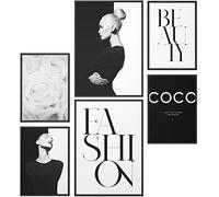 Papierschmiede® Set Mood Posters, Tableau Décoration Murale sans cadres « Coco Black Beauty » Bureau, Salon, Deco Chambre Parentale, Cuisine, 2x A4 et 4x A5, noir blanc rose mode