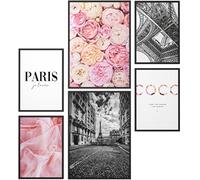 Papierschmiede® Set Mood Posters, Tableau Décoration Murale sans cadres « Coco Paris » Bureau, Salon, Deco Chambre Parentale, Cuisine, 2x 30x40cm et 4x 20x30cm, fleurs pivoines rose noir blanc