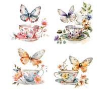 Papillon autocollants muraux, 4pcs belle tasse de thé fleur imperméable autocollants muraux de cuisine art mural 3D pour le salon chambre à coucher cuisine décor de bureau